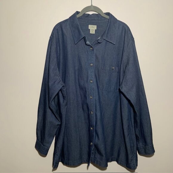 LL Bean Women Plus Gorpcore Tencel Blend Denim Button Down Cowgirl Shirt Size 2X - Picture 1 of 7